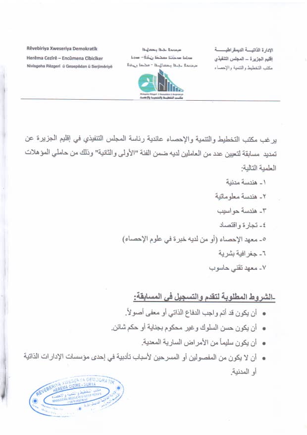 مكتب التخطيط والتنمية والاحصاء في إقليم الجزيرة يعلن عن تمديدمسابقة تعيين عدد من العاملين