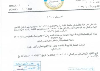 هيئة الاقتصاد والزراعة لإقليم شمال وشرق سوريا تصدر تعميم بفتح التنظيم الزراعي لموسم 2024 – 2025