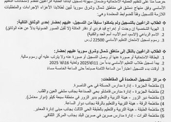 بيان حول آلية تسجيل أبنائنا الطلبة للامتحانات وفق منهاج دمشق